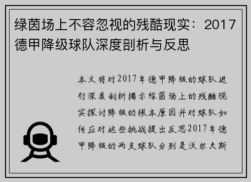 绿茵场上不容忽视的残酷现实：2017德甲降级球队深度剖析与反思