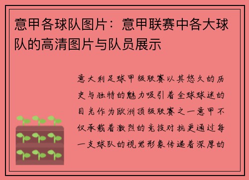 意甲各球队图片：意甲联赛中各大球队的高清图片与队员展示