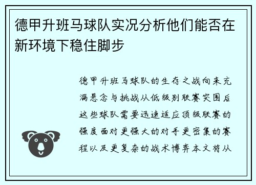 德甲升班马球队实况分析他们能否在新环境下稳住脚步