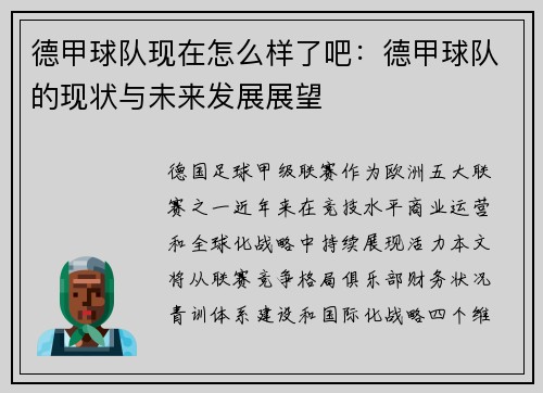 德甲球队现在怎么样了吧：德甲球队的现状与未来发展展望