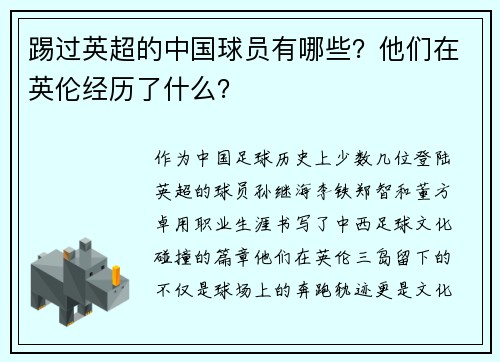 踢过英超的中国球员有哪些？他们在英伦经历了什么？